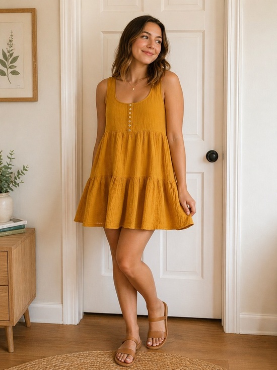 Urban Outfitters Dresses & Skirts - Urban Outfitters Mustard Tiered Baby Doll Mini Dress- Cottage -Prairie